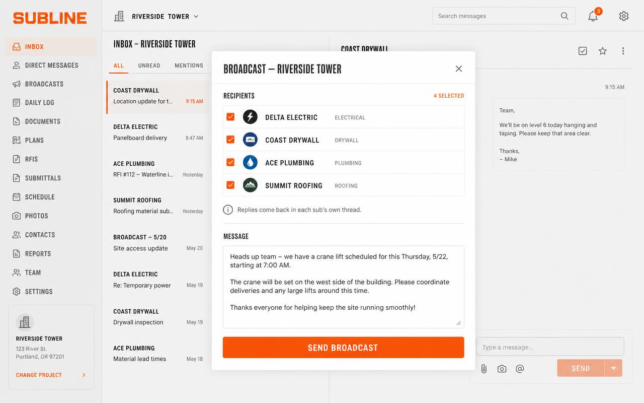 SubLine broadcast composer sending one message to every subcontractor on the project