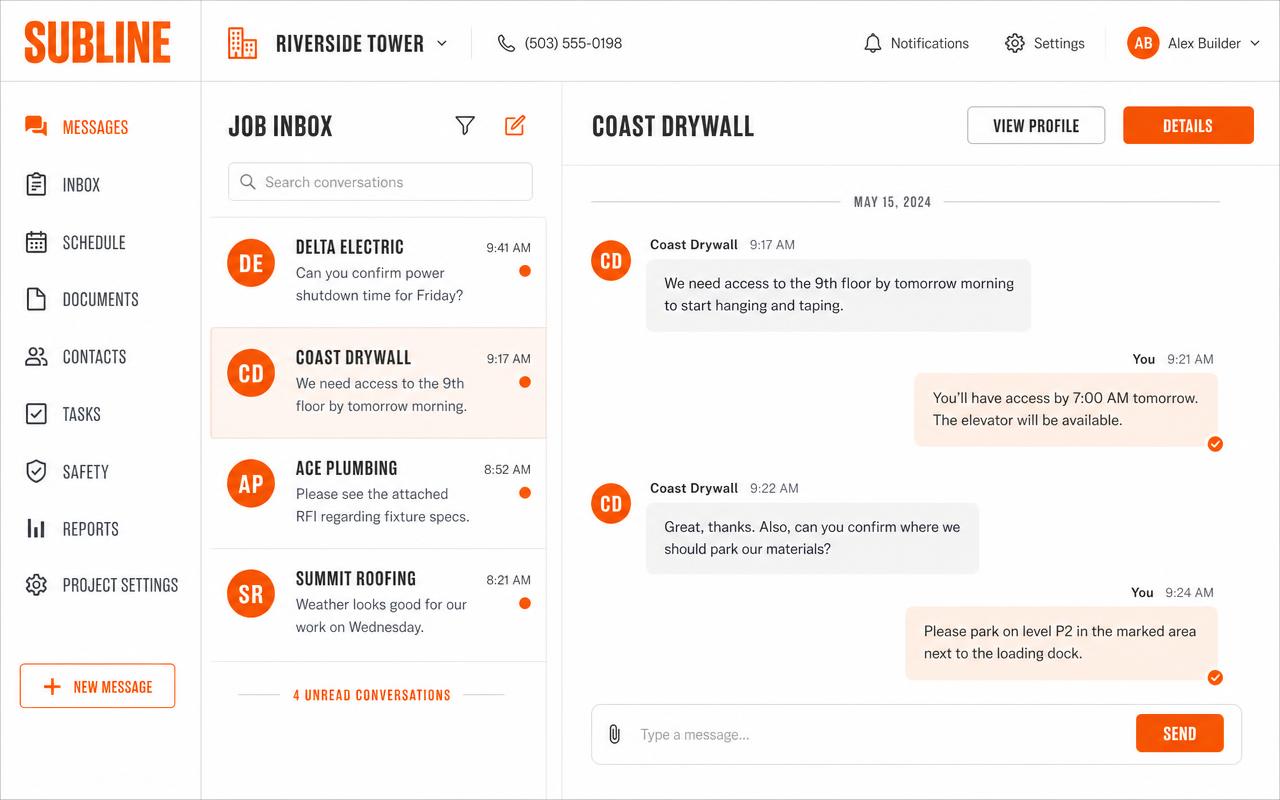 SubLine job inbox listing a separate message thread for each subcontractor on the job