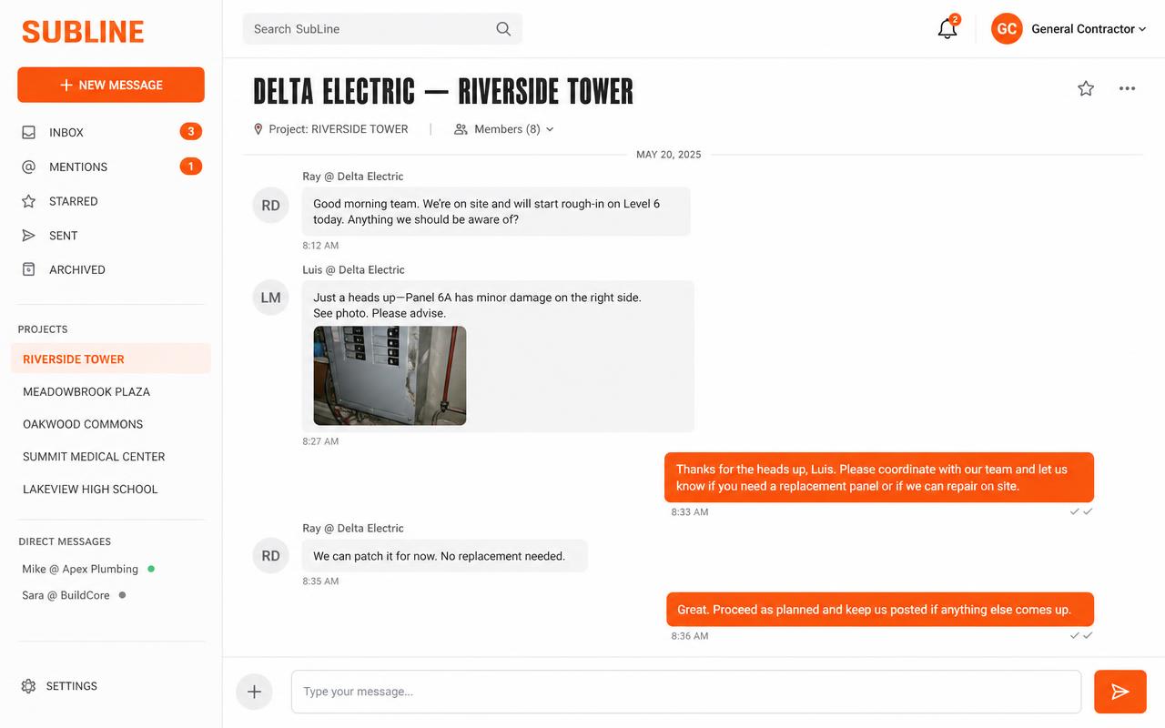 An open SubLine thread showing attributed replies from a subcontractor's crew with a jobsite photo